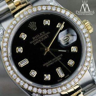 Ladies Rolex Ss 18k Gold 31mm Datejust Black Color 8,  2 Diamond Accent Dial Watch