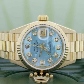 Rolex President Datejust Ladies Gold 26mm Watch 69178 W/blue Mop Diamond Dial