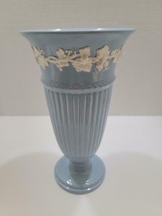 Wedgwood Of Etruria & Barlaston Queen’s Ware Blue & White Embossed Vase 11 "