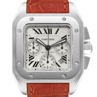 Cartier Santos 100 Xl Silver Dial Chronograph Mens Watch W20090x8 Box Papers
