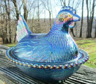 Vintage Indiana Iridized Blue Carnival Glass Chicken Hen On Nest Candy Dish 7 "