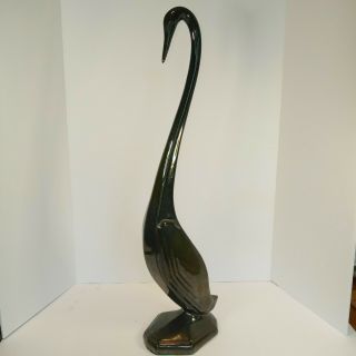 Vintage Mcm Long Neck Bird Egret Crane Swan Green Glaze 18 "