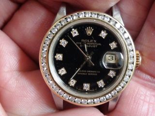 Vintage Ladies Rolex 26mm Diamond Bezel Datejust Two Tone Black Dial Watch