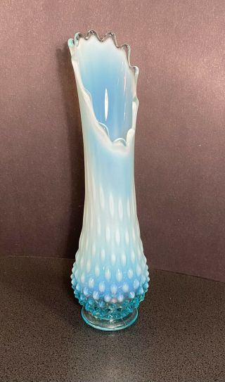 Vintage Fenton Blue Opalescent Hobnail Exquisite Swung Vase 12.  5” Mcm