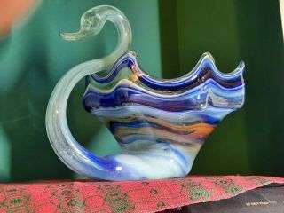 Vintage Large Art Glass Sooner Swan Vase Planter Shades Of Blue & Orange Swirl