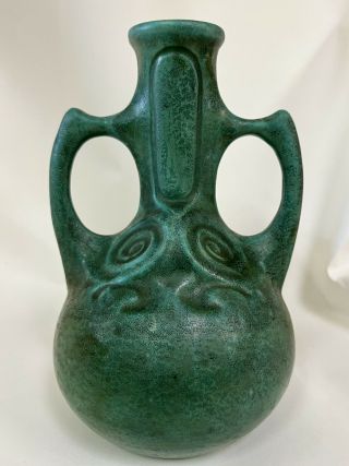 Antique Wilhelm Schiller And Son Arts Crafts Bohemian Green Art Pottery Vase 8”