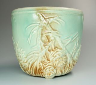 Vtg Mccoy Pottery Planter Pot Aqua Green Brown Raised Pine Cone Pattern 6.  5” H