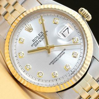Rolex Mens Datejust Silver Diamond 14k Yellow Gold & Stainless Steel Watch