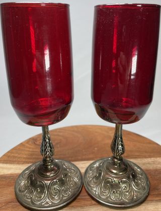 Vintage Rare Anchor Hocking Royal Ruby Glass Flute Metal Base Vase Candle Holder