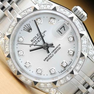 Ladies Rolex Datejust White Diamond Pyramid Bezel & Lugs 18k White Gold Ss Watch