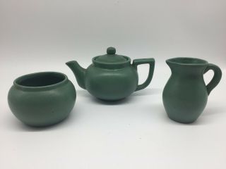 Zanesville Yelloware Pottery Matte Green Glaze Arts & Crafts Era Tea Set