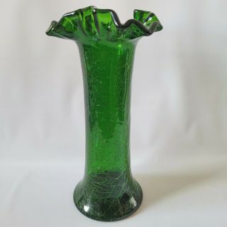 Vintage Blenko Green Crackle Glass Vase Ruffle Top 12 Inch