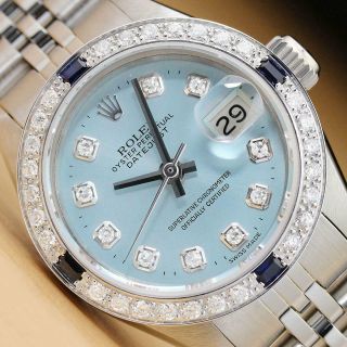Rolex Ladies Datejust Ice Blue Diamond Sapphire 18k White Gold Steel Watch