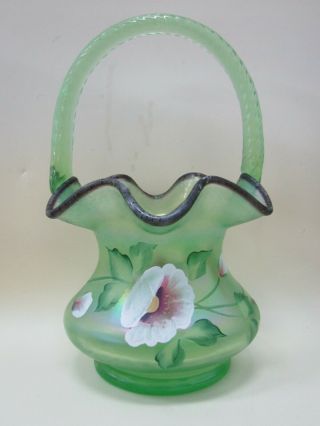 Fenton B.  Williams Green Iridescent Multi - Color Floral Hand Painted Basket