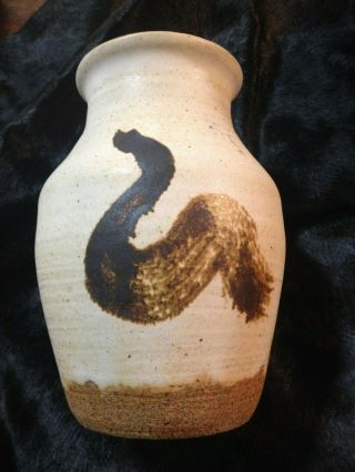 Drip Glaze Beige & Brown Etched Signature Studio Art Pottery Stoneware Vase