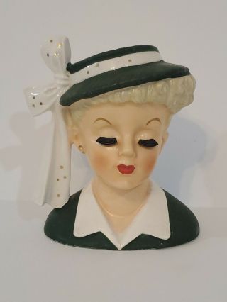 Vintage 1956 Lady Head Vase Napco C26338 Lucille Ball Dark Green Dress & Hat