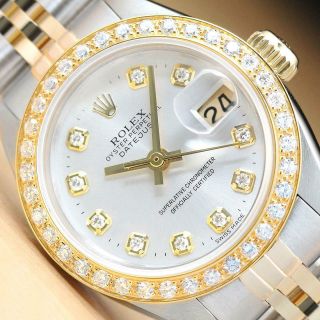 Ladies Rolex Datejust Silver Diamond Dial Two Tone 18k Yellow Gold & Steel Watch