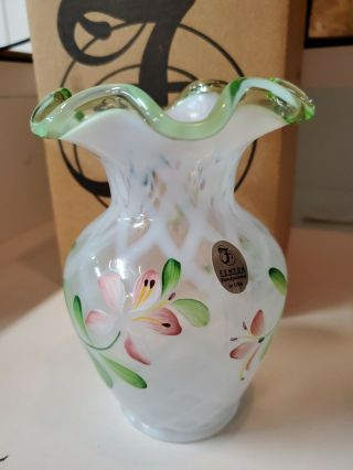 Fenton Floral Leaves Hand Painted Signed Vase C25337,  Box