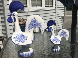 Tall And Small Ceramic Rooster Made In Portugal Blue And White Handpainted Mcm