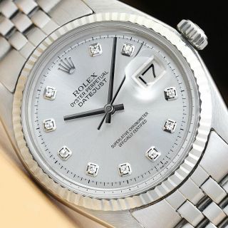Rolex Mens Datejust 18k White Gold & Stainless Steel Silver Diamond Dial Watch
