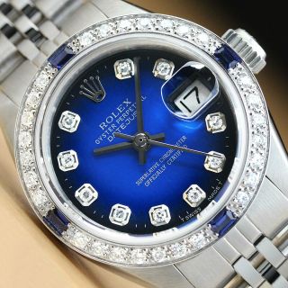 Rolex Ladies Datejust Blue Vignette 18k White Gold Sapphire Diamond Steel Watch