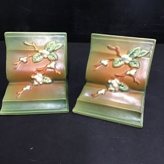 Vintage 1940s Roseville Usa Art Pottery Snowberry Fern Green Bookends
