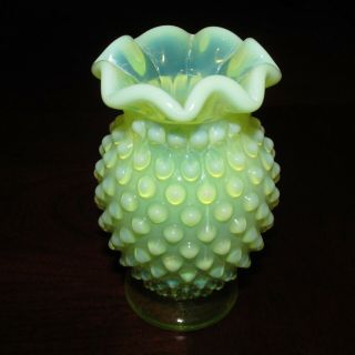 Vtg Fenton Yellow Vaseline Opalescent Glass Hobnail Ruffle Top Mini Vase 3 3/4 "
