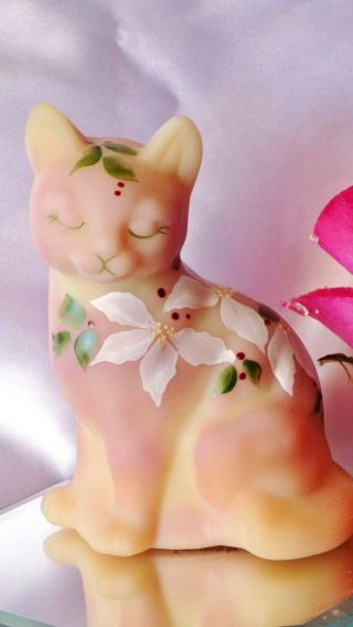Fenton Pink Burmese Glass Cat Figurine Hp Florals
