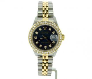 Rolex Datejust Lady 18K Yellow Gold & Steel Watch Diamond Dial Bezel Black 69173 2