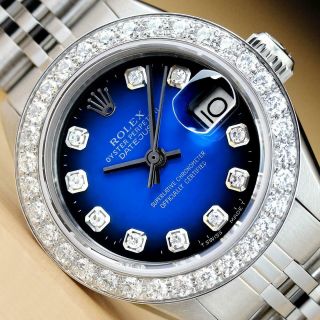 Rolex Ladies Datejust Blue Vignette 18k White Gold 1.  13 Ct Diamond & Steel Watch