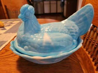 Vintage Fenton Blue Slag Glass Large Hen On Nest/split Tail/large &