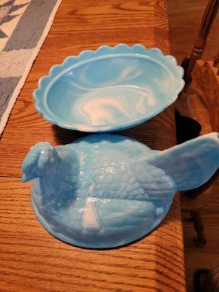 Vintage Fenton Blue Slag Glass Large Hen on Nest/Split Tail/Large & 2
