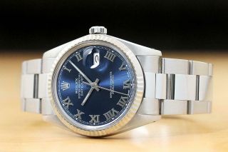 MENS ROLEX DATEJUST BLUE ROMAN 18K WHITE GOLD & SS WATCH w/OYSTER BAND 2
