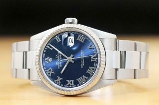 MENS ROLEX DATEJUST BLUE ROMAN 18K WHITE GOLD & SS WATCH w/OYSTER BAND 3
