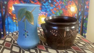 Weller Pottery Cornish 1933 Blue Art Deco Handled Vase With Brown Vase