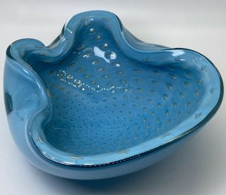 Alfredo Barbini Murano Blue W/gold Flecks Bullicante Italian Art Glass Bowl