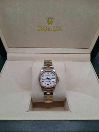 Rolex Datejust Lady 18k Yellow Gold & Steel Watch Oyster Band White Dial 79173
