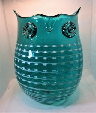 70s Mcm Blenko Style Teal Blue Art Glass Owl Xlg Vase 10 " H X 8.  5 " W