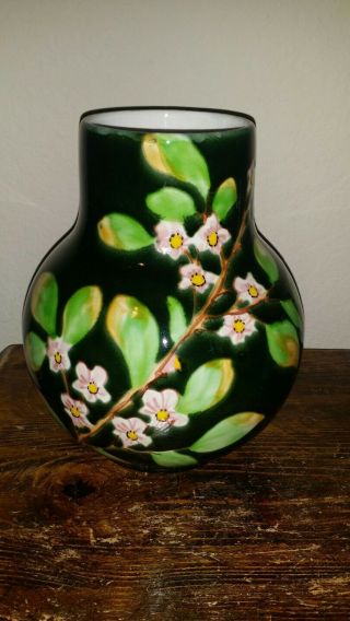 Vintage Oriental Studio Ceramic Pottery Vase Urn Hand Painted Cherry Bloosom Art