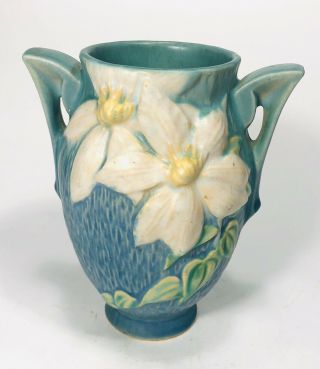Vintage Roseville Art Pottery Blue Clematis Handled Vase 102 - 6 Euc