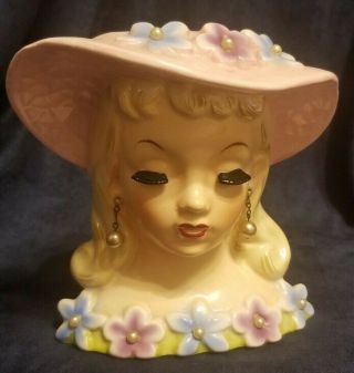 Vintage Napco Young Lady Head Vase C3206a 1958 Earrings Green Pink Purple Blue