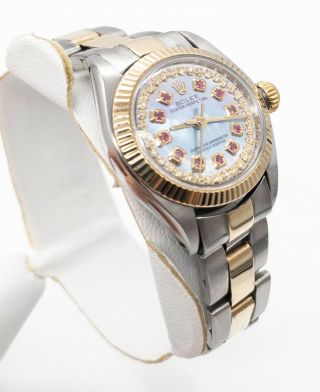 $12,  000 18k Yellow Gold Ss Blue Mop Ruby Diamond Rolex Oyster Women’s Watch Wty