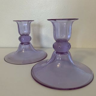 Vintage Moser Alexandrite Glass Deco 2 Short Candle Holders 4” Signed