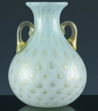 Vintage Archimede Seguso Murano Blue Opaline Controlled Bubble Gold Dust Vase