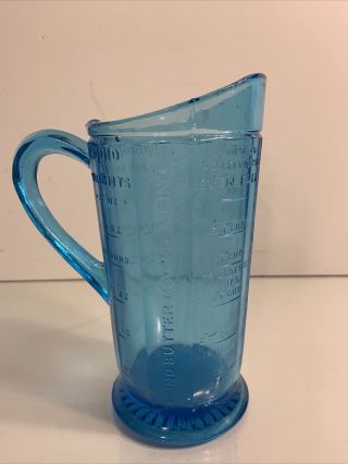 Vintage Aqua Blue Glass Measuring Pitcher 1 Quart 8.  5 " Tall Starburst Bottom