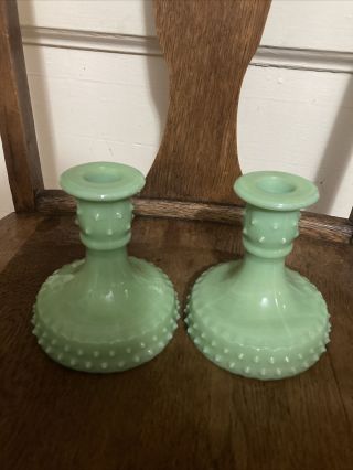 L.  E.  Smith Jade Jadeite Green Glass Hobnail Candle Holder Candlestick Pair 4.  5”