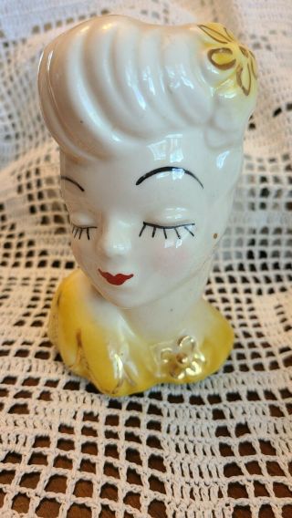Vintage 1950s Yellow & Gold Glamour Betty Grable Pin Up Lady Head Vase Planter