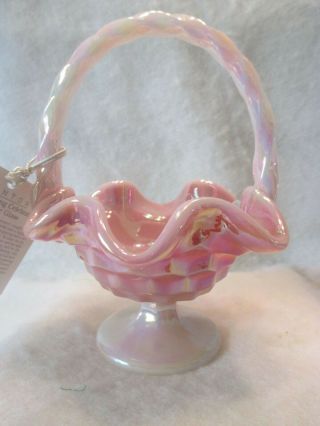 Fenton Pink Irridescent Small Basket Signed By George Fenton
