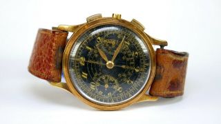 Vtg Lecoultre 14k Gold Black Dial Usn Pilots Chronograph Cal 285 Mileage Watch