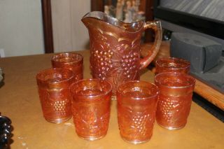 Vintage Imperial Grape Marigold Carnival Glass Water Pitcher Set W/ 6 Glasses